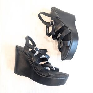 BORN Women's Black Leather Strappy Platform Wedge Sandals Size 10